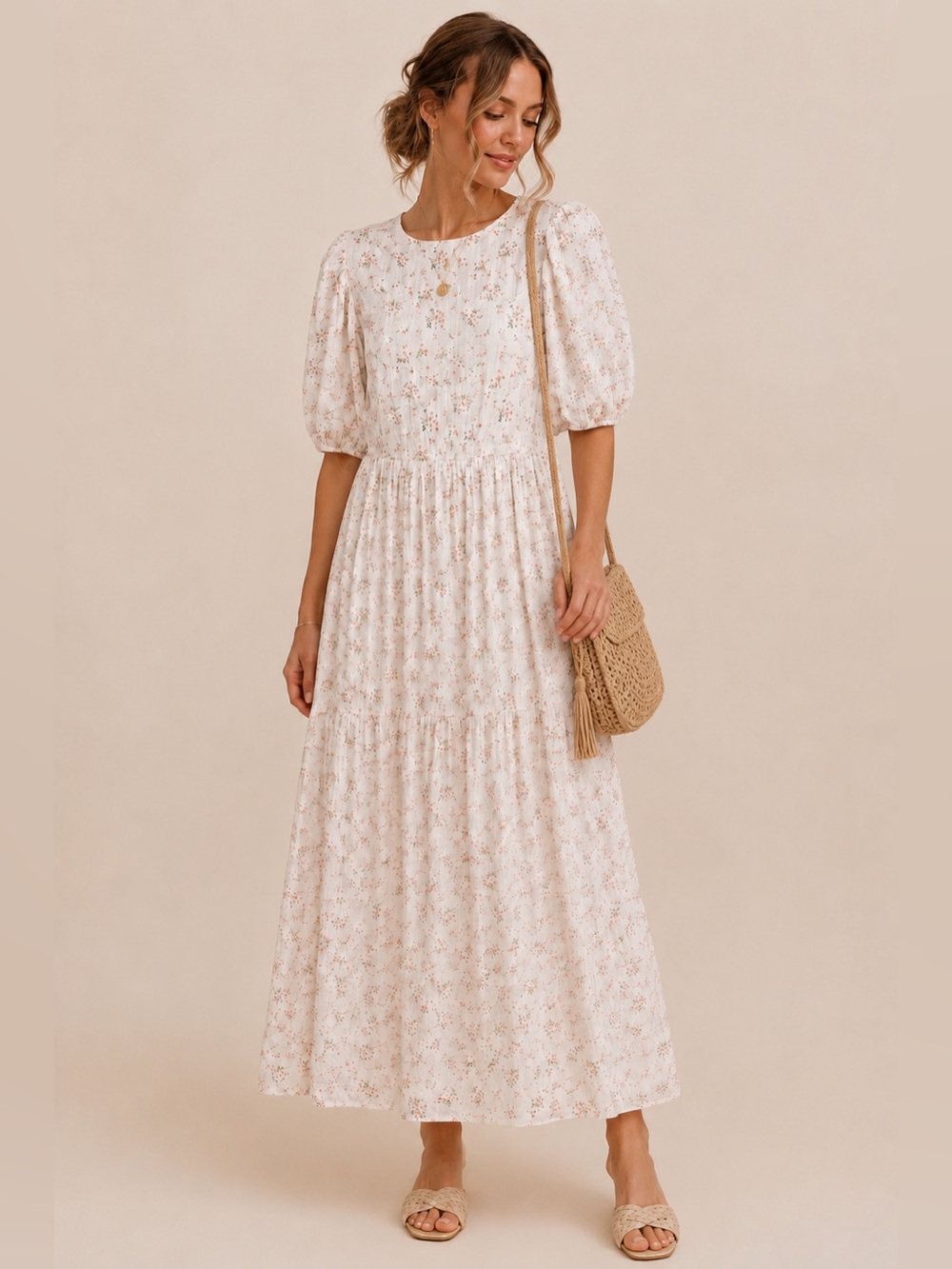 ROOLEE Floral Puff Sleeve Tiered Midi Dress Cottagecore Prairie Romantic